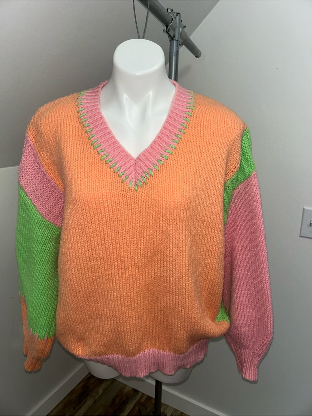 Colorblock V-Neck Oversized Sweater Peach, Pink & Lime Dreamers by Debut S/M